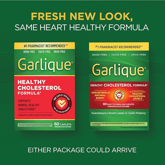 Garlique Garlic Extract Supplement, Healthy Cholesterol Formula, Odorless & Vegan-Friendly, 60 Caplets