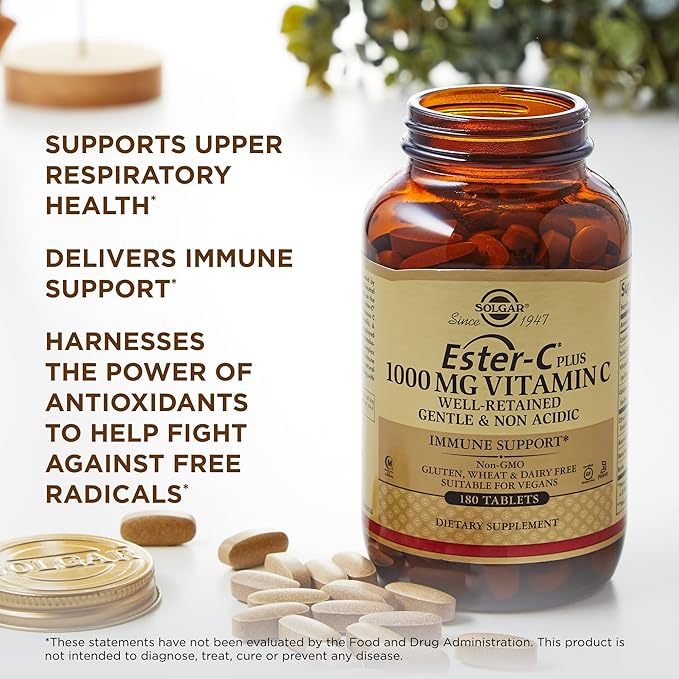 SOLGAR Ester-C Plus 1000 mg Vitamin C (Ascorbate Complex) - 180 Tablets - Gentle & Non Acidic - Supports Upper Respiratory Health - Non-GMO, Gluten Free - 180 Servings