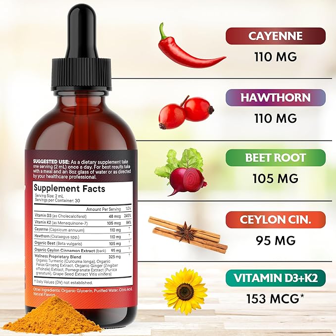 Cayenne Pepper Supplement Liquid Drops + Hawthorn Berry, Vitamin D3 K2 Beet Root Powder, Ceylon Cinnamon, Turmeric Curcumin, Organic Panax Ginseng - 8 oz