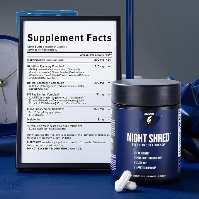 Night Shred Fat Burner and Natural Sleep Support | Ashwaganda, 5-HTP, CLA, Melatonin | Appetite Suppressant | Weight Loss Support Nighttime Fat Burning (60 Vegetarian Capsules)