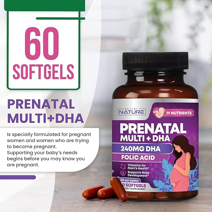 Prenatal Vitamins for Women - Multivitamin with DHA, Folic Acid, Vitamin C, B12, Iron & Omega-3 - Before, During & Post Pregnancy Supplement for Healthy Growth & Brain Development - 60 Softgels
