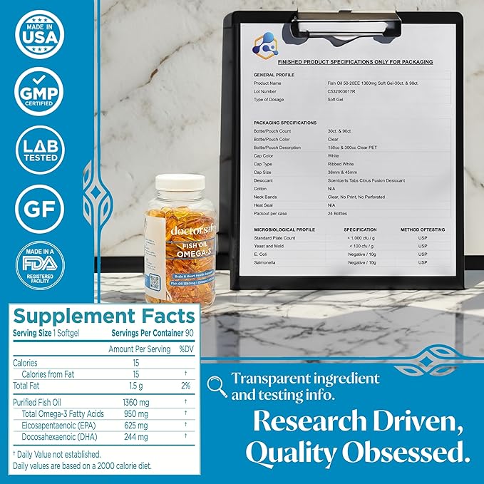 Omega 3 Fish Oil Supplement - High Strength Lemon Scented Fish Oil Pills, 1360mg EPA DHA for Heart, Brain & Immune Support Omega 3 Fatty Acid Supplements - 30 Servings