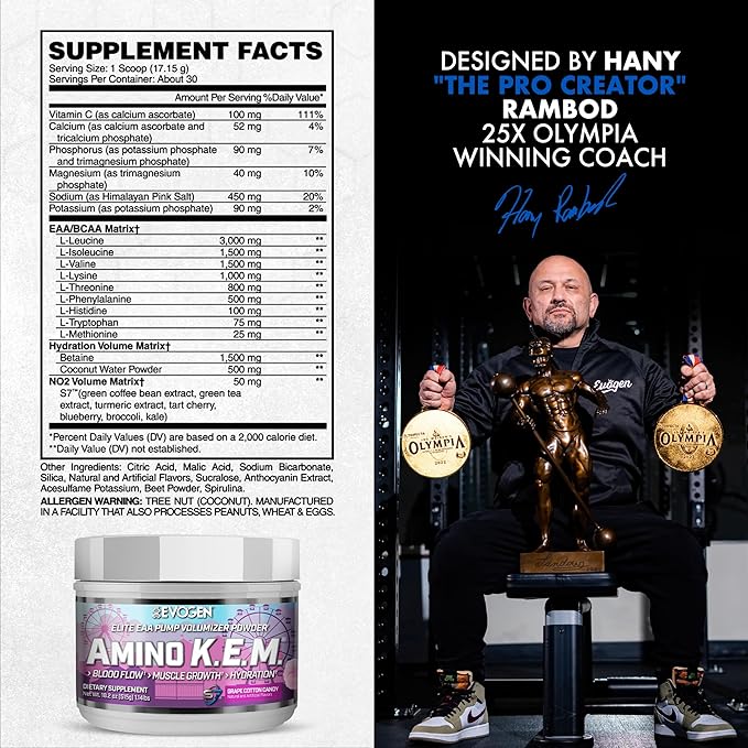 Evogen Amino K.E.M. - EAA & BCAA Powder Pump Volumizer | BCAAs Amino Acids Supplement for Blood Flow, Muscle Growth, & Hydration | Grape Cotton Candy | 30 Servings