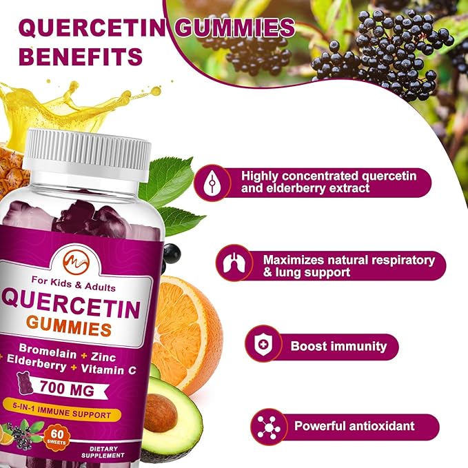 (2 Pack) Quercetin Gummies with Bromelain, Elderberry, Zinc and Vitamin C - Chewable Quercetin 700mg Supplement for Immunity, Allergy, Aging Support - Vegan Gummies for Adult & Kid