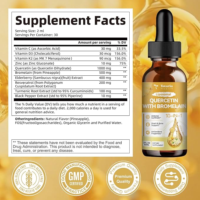 Liposomal Quercetin with Bromelain Liquid Drops - High Absorption Quercetin 1000mg & Bromelain 500mg Plus Elderberry,Vitamin C,Zinc for Immune & Antioxidant & Heart & Bone Support- 2 Fl Oz