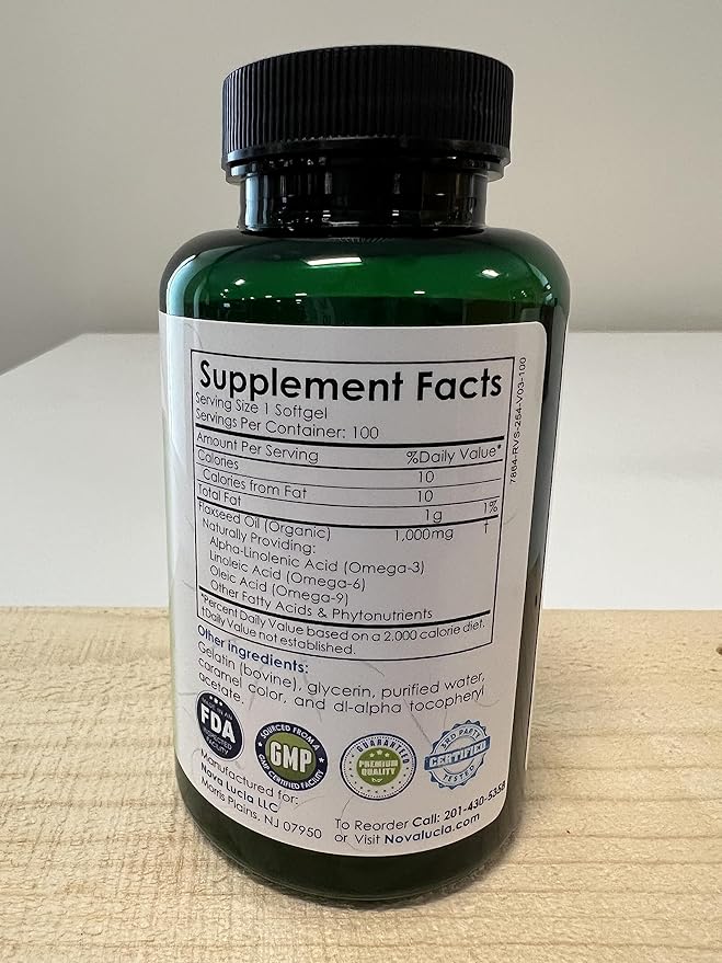 Natural Organic Flaxseed Oil 1,000 mg, Essential Omega 3 6 9 Natural ALA Healthy Hair Skin and Nails Gluten Free, Non-GMO, Hexane Free 100 Liquid Softgels