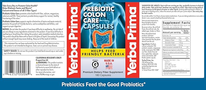 Yerba Prima Prebiotic Colon Care Capsules, Non-GMO, Keto Friendly, 180 Caps, (2 Pack)