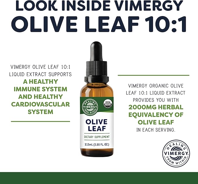 Vimergy Olive Leaf – Supports Immune Health* – Benefits Cardiovascular Function* – USDA Certified Organic, Vegan, Paleo-Friendly and Gluten-Free – 115 mL (57 Servings)