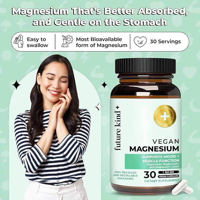 Future Kind Vegan Chelated Magnesium Supplement - Most Bioavailable & 6X More Potent Magnesium Capsules - Supports Sleep, Energy & Muscle Functions (30ct)