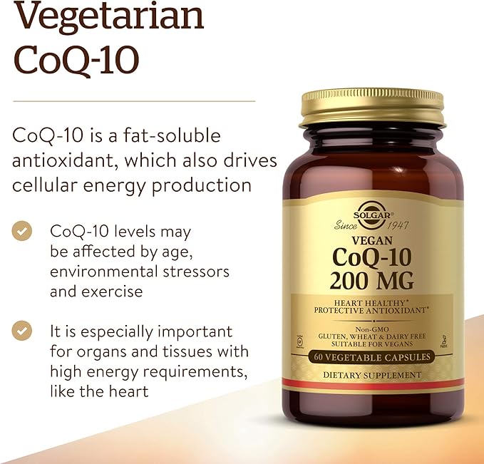 Solgar Vegetarian CoQ-10 200 mg, 60 Vegetable Capsules - Heart Healthy, Protective Antioxidant - Coenzyme Q10 (CoQ-10) Supplement - Vegan, Gluten Free, Dairy Free, Kosher - 60 Servings
