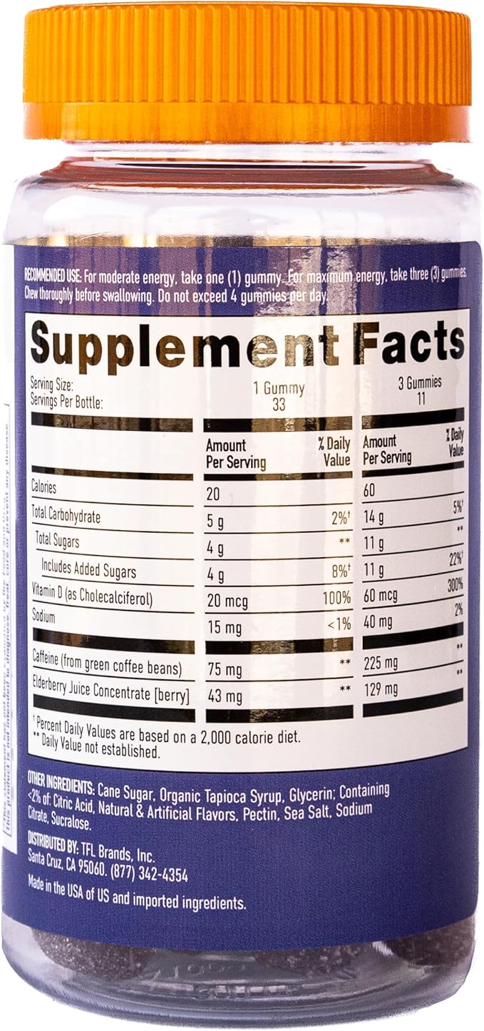Energy Gummies, 2475mg of Plant-Based Caffeine Chews per Bottle, Long Lasting Energy Boosters, Elderberry (33ct)