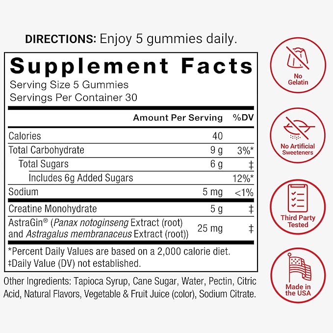 Force Factor Creatine Gummies, Creatine Monohydrate for Muscle Gain, More Strength, and Faster Recovery, Clinically Studied Creatine 5g Dose, Assorted Fruit Flavors, 30 Servings