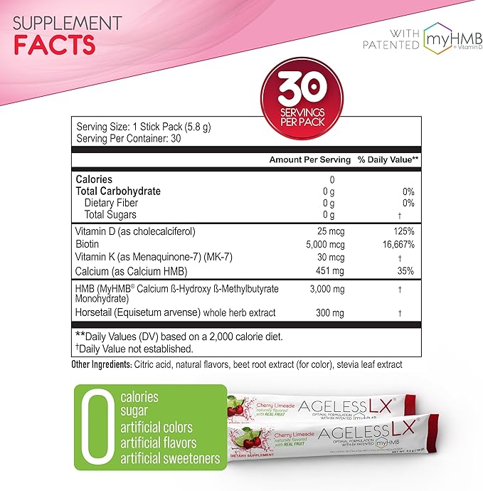 Powder Supplement for Women - with HMB Collagen Enhancer Plus Vitamin D3 with K2, Horsetail and Biotin for Lean Muscle and Stronger Hair and Nails - 30 Powder Packets, Cherry Limeade