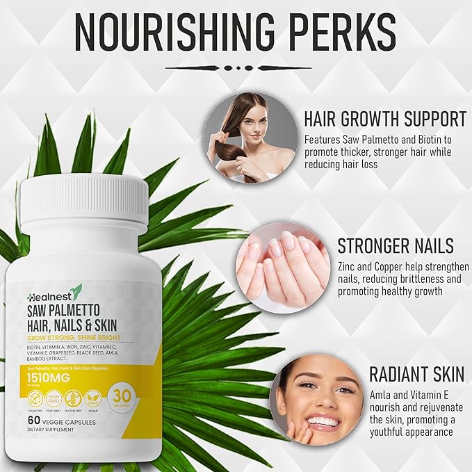 Hair, Nails & Skin Care with – Saw Palmetto, Biotin, Amla - 60 Non-GMO, Gluten Free, Veggie Capsules for Men and Women