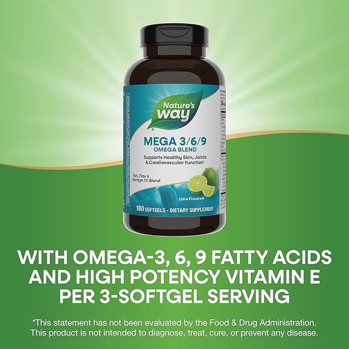 Nature’s Way Mega 3/6/9 Omega Blend, Supports Healthy Skin, Joints, Cardiovascular Function*, Fish, Flax, Borage Oil, 180 Lime Flavored Softgels (Packaging May Vary)
