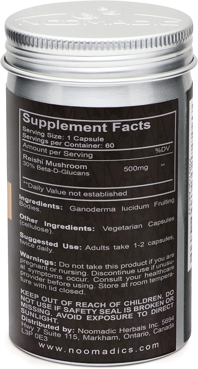 Reishi Mushroom, 60 Capsules, 500mg Each, General Wellness & Longevity, Hot Water Extract, Fruiting Bodies, 30% Beta-D-Glucans