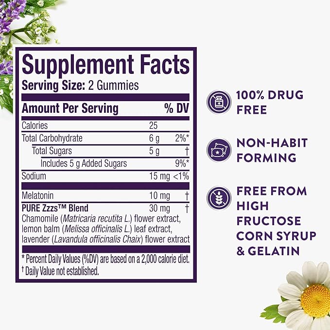 ZzzQuil Pure Zzzs Advanced Melatonin Gummies, Melatonin 10mg, Sleep Aid, with Chamomile & Lavender, Melatonin Sleep Gummies, Sleep Aids for Adults, Berry Flavored, 100 Sleep Gummies