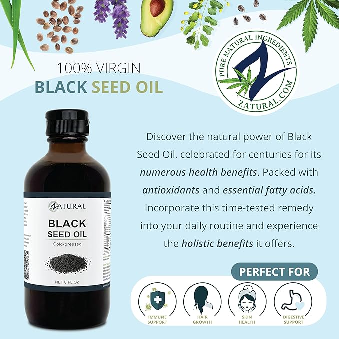 Zatural Black Seed Oil Nigella Sativa Cold Pressed Cumin Oil Digestion, Skin, Brain, Immune, Joints & More (8 Fl Oz)