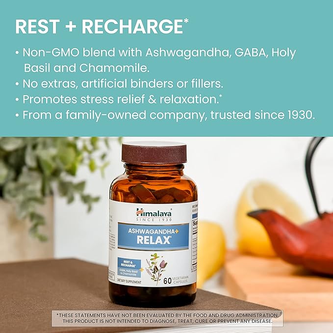Himalaya Ashwagandha+ Relax, with GABA, Holy Basil & Chamomile for Reset, Relaxation & Stress Relief, Vegan, Gluten Free, 540 mg, 60 Vegetarian Capsules, 1 Month Supply