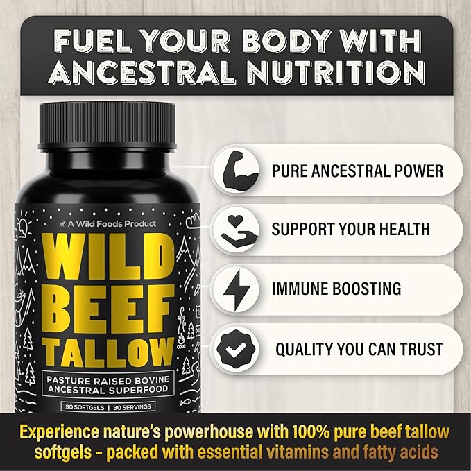 Wild Foods Grass-Fed Beef Tallow Capsules | 3,000mg Per Serving | Pure Ancestral Nutrition for Skin, Hormones, and Energy | Keto, Paleo & Carnivore Diet Approved | 90-Day Supply