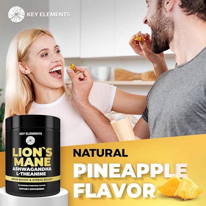 KEY ELEMENTS High Strength Extract Organic Lion's Mane Mushroom Gummies with Ashwagandha & L-Theanine - Potent Lion's Mane Brain Supplements for Memory & Relaxation - Mushroom Gummies for Focus