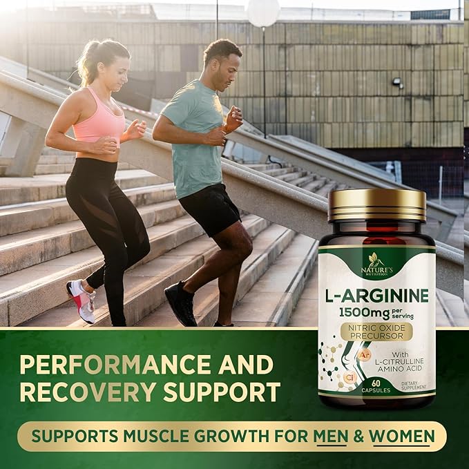 L-Arginine Supplement 1000mg - Heart Health Support - Premium Muscle Supporting Nitric Oxide Precursor Booster for Extra Strength - Gluten Free, Amino Acid Energy Blend For Men - 60 Capsules