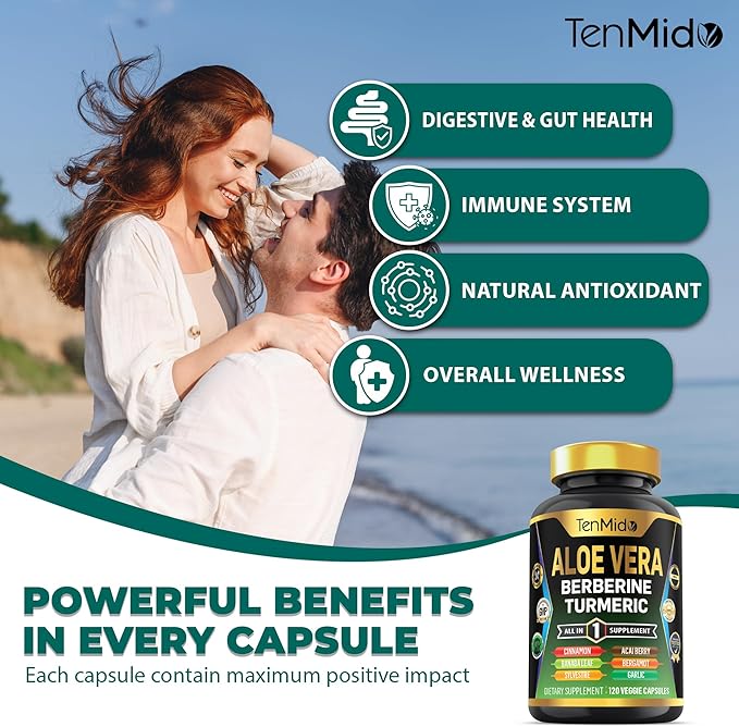 Aloe Vera Capsules Supplement - 12in1 Formula - Combine with Berberine, Turmeric, Ceylon Cinnamon, Banaba Leaf, Gymnema Sylvestre, Acai Berry, Bergamot, Garlic, and More - 120 Capsules