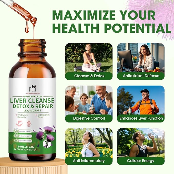 Milk Thistle Liquid Drops, Liver Cleanse Detox & Repair with 80% Silymarin, Artichoke Leaf, Dandelion Root, Glutathione, Promotes Liver Health, Antioxidant Support, 4 Fl Oz