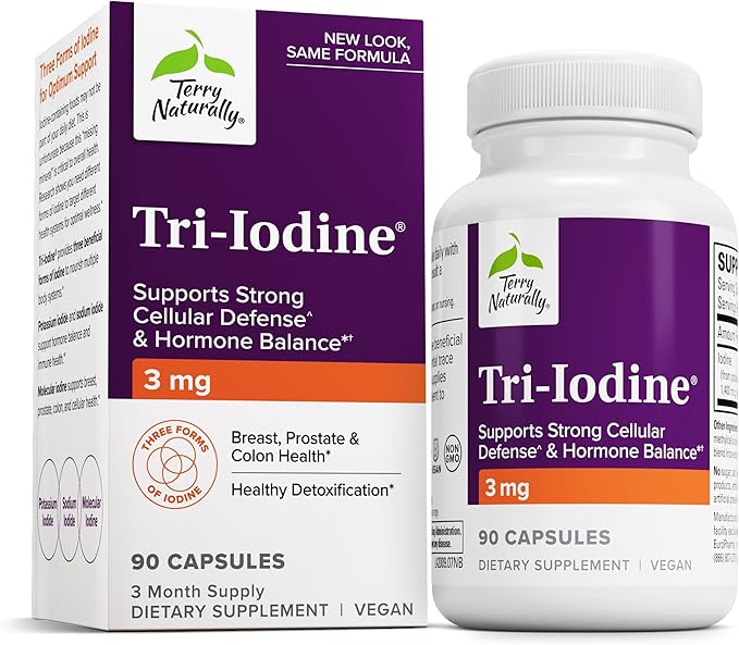 Terry Naturally Tri-Iodine - Support Thyroid Health - Aids Hormone Balance with Molecular Iodine from Kelp - Features Potassium Iodide & Sodium Iodide - Brain & Energy Support - 6.25mg, 90 Capsules