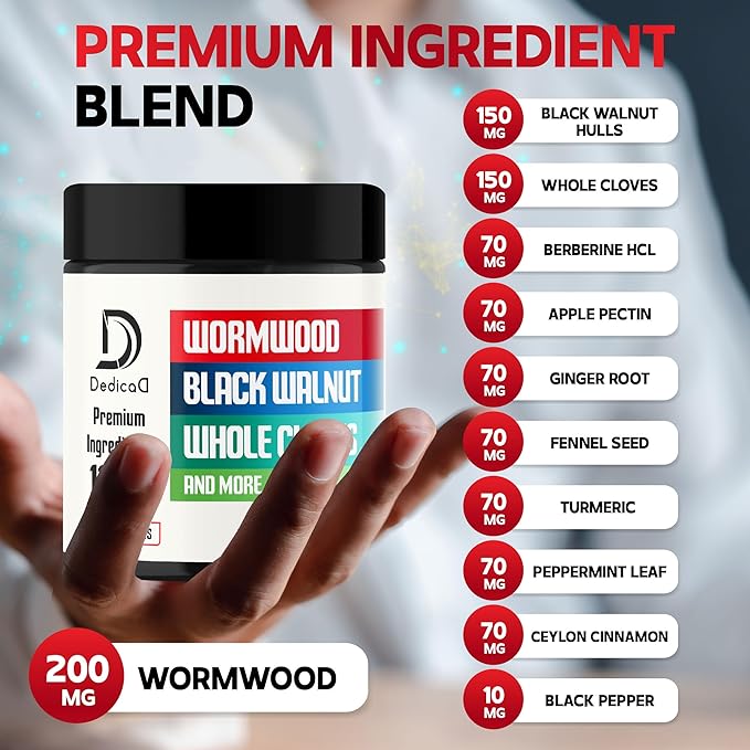 Wormwood Supplement - 120 Capsules Extracted from Black Walnut, Cloves, Turmeric, Apple, Berberine HCl & More - 11 Ingredients Combined for Digestive Health, Immune System - 2-Month Supply