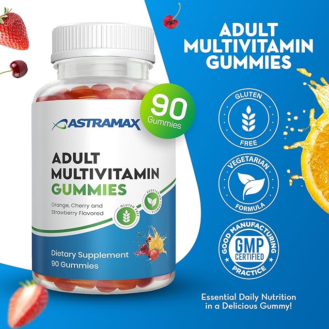 Adult Multivitamin Gummies – 90 Count | Orange, Cherry & Strawberry Flavors | Gluten Free, Vegetarian | Vitamins A, C, D, B12, Zinc | 45–90 Day Supply