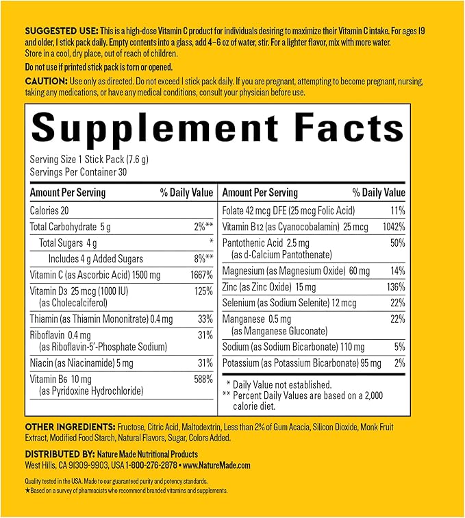 Nature Made Wellblends ImmuneMAX Fizzy Drink Mix, Vitamin C 1500mg, Zinc 15 mg, Vitamin D3 1000 IU (25 mcg), plus B Vitamins and Electrolytes Hydration Blend, 30 Stick Packs