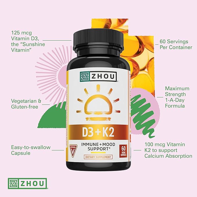 Zhou D3+K2 - Vitamin D3 K2 Supplement for Women & Men, Immune Support Vit D3 and K2 Supplements, Pure Vegetarian Formula with 5000 IU of D3 and MK-7 - 60 Veggie Capsules (Pack of 1)