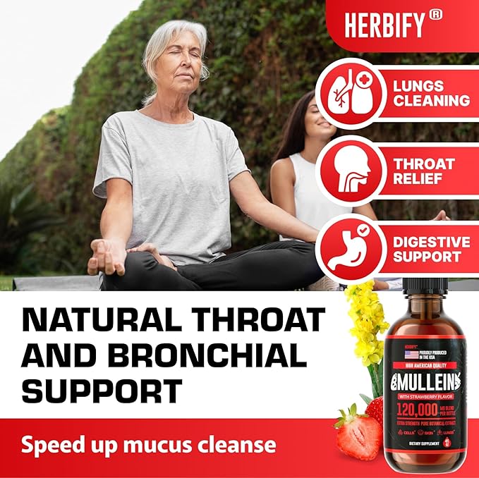 HERBIFY Mullein Drops - Lung Cleanse - Leaf Extract - Powerful Mullein for Immune Support, Detox & Respiratory Support - Made in USA - 4 Oz Strawberry Flavor