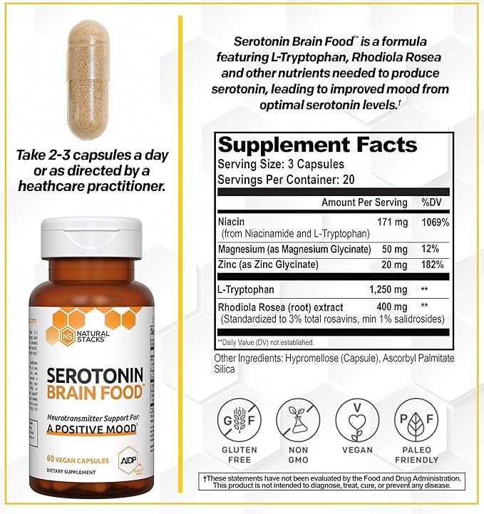 Serotonin Brain Food - 1250mg L-Tryptophan & 400mg Rhodiola Rosea Supplement - Mood Support Supplement for Stress Relief - Neurotransmitter Support with Magnesium Glycinate & Zinc - 120 Capsules