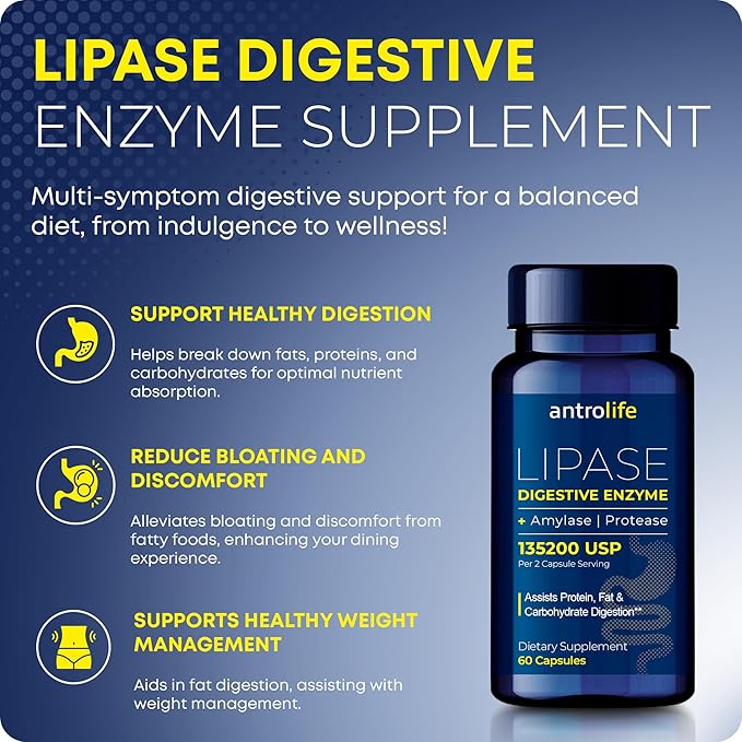 Digestive Enzymes Supplement – Lipase, Protease & Amylase for Optimal Digestion – Supports Fat, Protein & Carbohydrate Breakdown – Dietary Supplement Lipase Enzyme – 60 Capsules