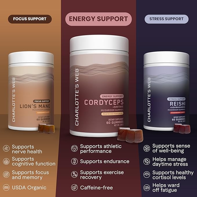 Charlotte's Web Energy Support Mushroom Gummies w/Cordyceps & Shiitake Mushrooms, Caffeine-Free Energy Supplements — Cordyceps Mushroom Gummies, Peach Iced Tea Flavor (30 Servings)