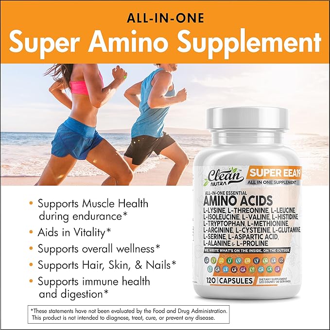 Clean Nutraceuticals Amino Acids Supplement L-Lysine, L-Threonine, L-Leucine, Isoleucine, Valine, L-Histidine, L-Tryptophan, L-Methionine, L-Arginine, L-Cysteine, L-Glutamine, L-Serine, Aspartic Acid