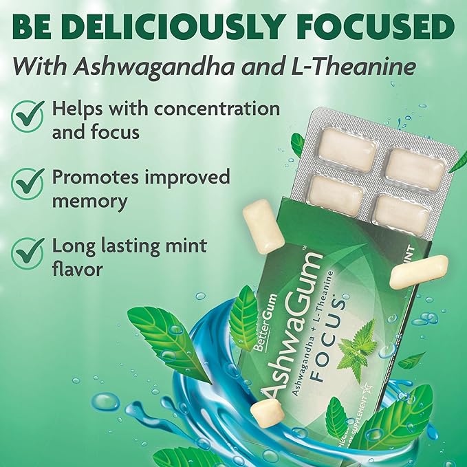 AshwaGum FOCUS Gum by BetterGum, High Potency Brain Supplement with KSM 66 Ashwagandha and L Theanine, Supports Concentration and Memory, Alternative to Gummies, Sugar-Free, 10 Pieces - 6 Pack