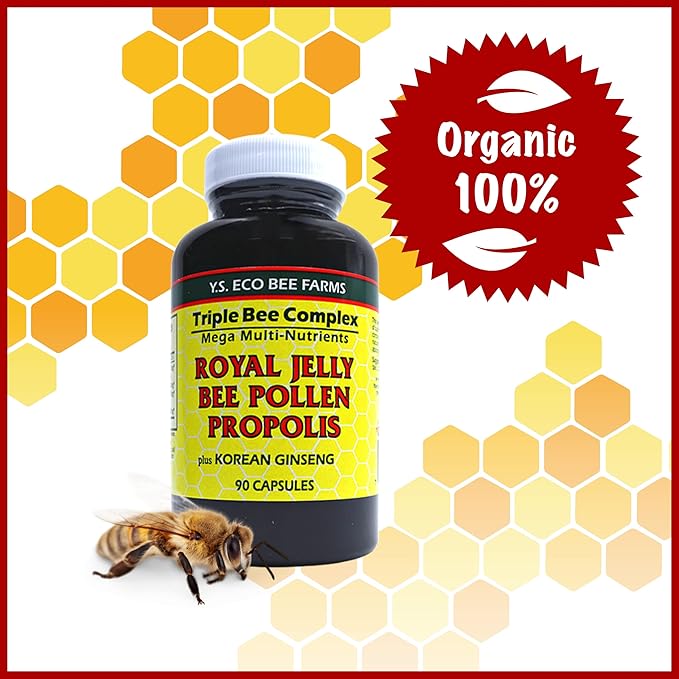 Worldwide Nutrition Y.S. Eco Bee Farms Triple Bee Complex Royal Jelly Bee Pollen Propolis with Korean Ginseng - Health and Wellness Organic Bee Pollen Supplement - 90 Ct w/Multi Purpose Key Chain