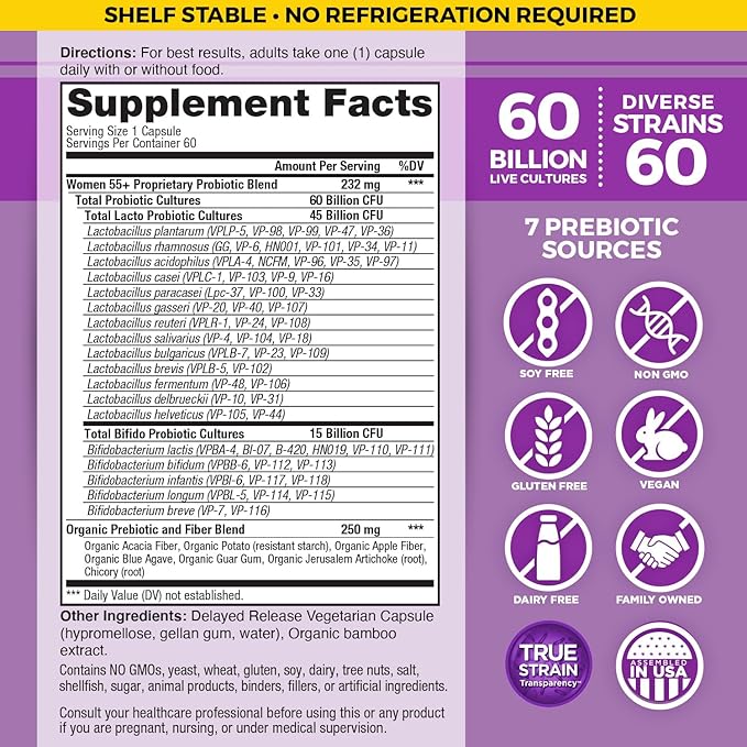 Vital Planet - Vital Flora Women Over 55 Daily Probiotic 60 Billion CFU, 60 Diverse Strains, 7 Organic Prebiotics, Immune Support Shelf Stable Digestive Health Probiotics for Women 60 Capsules