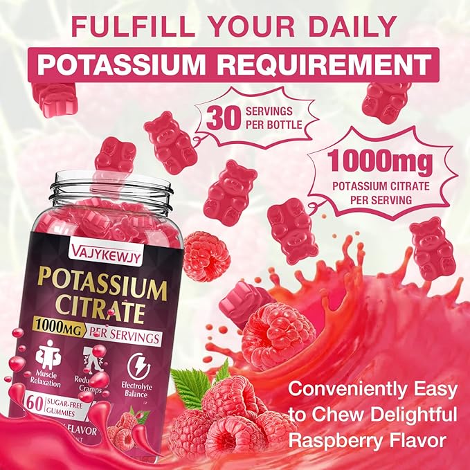 2 Pack Potassium Citrate Gummies, High Potassium Supplement (1000mg), Supports Leg Cramps & Muscle Health, Suitable for Adults & Kids, Vegan, Non-GMO, 120-Count
