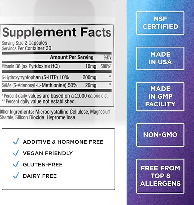 DR. EMIL NUTRITION 200 MG 5-HTP Plus with SAM-e to Maintain Normal Healthy Sleep and Create a Sense of Wellbeing - 5HTP Supplement with Vitamin B6-60 Vegan Capsules, 30 Servings