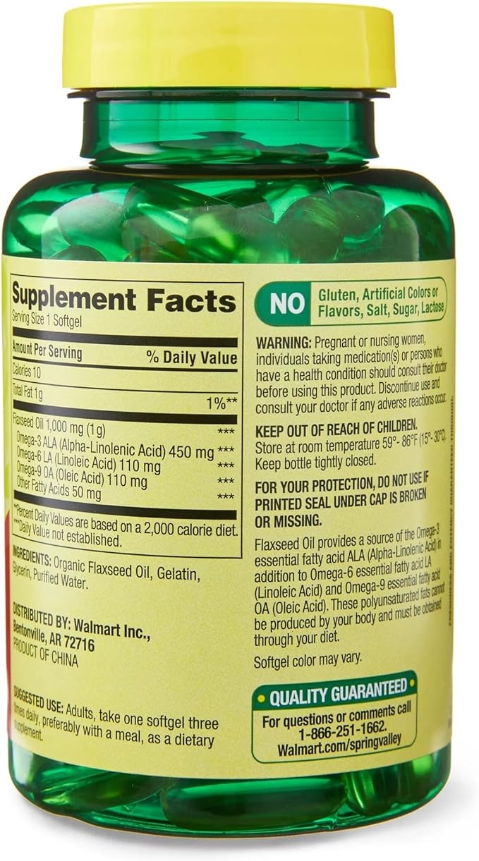 Flaxseed Oil Softgels - Vegan Omega 3,6 and 9 Dietary Supplement - Flaxseed 1000mg Softgels per Serving - Flax Seed Oil Pills by Spring Valley 100 Count (Pack of 1)