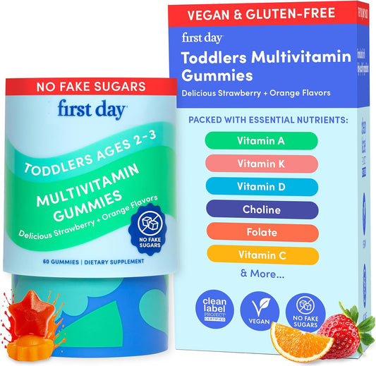 FIRST DAY Toddler Multivitamins Gummies for Kids & Toddlers Ages 2-3, Delicious Strawberry & Orange Toddler Vitamins Multivitamin with Choline, Vitamins A C D3 B1 B2 B6 B12 K2 Folate - 30 Day Supply
