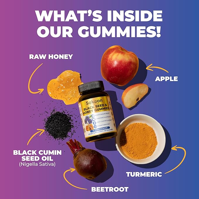 Sakoon nutrition Black Seed Oil Gummies with Honey and W/ 2%+ THYMOQUINONE - Nigella Sativa Seeds - Super antioxidant for Immune Support, Joints, Digestion, Hair & Skin - 60 Gummies