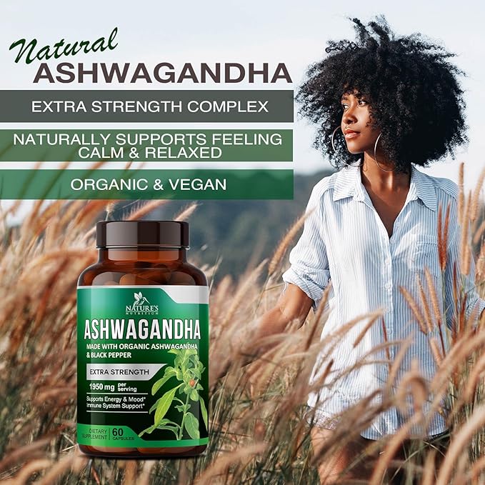 Organic Ashwagandha 1,950 mg - Extra Strength Unwind, Calm & Relax Support with BioPerine - Natural Focus & Energy Support Supplement - Nature's Non-GMO, Vegan, Gluten Free - 60 Capsules