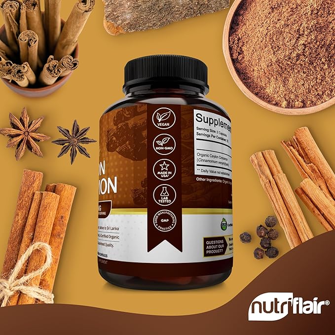NutriFlair Organic Ceylon Cinnamon (100% Certified Organic Ceylon Cinnamon) 1200mg per Serving, 180 Capsules - Joints, Inflammatory, Antioxidant