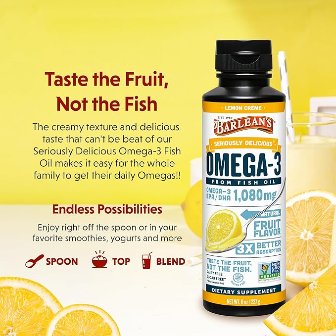 Barlean's Lemon Crème Omega 3 Fish Oil Liquid Supplement, 1080mg of Omega 3 EPA & DHA Fatty Acid, Smoothie Flavored & Burpless for Brain, Joint, & Heart Health, 8 oz