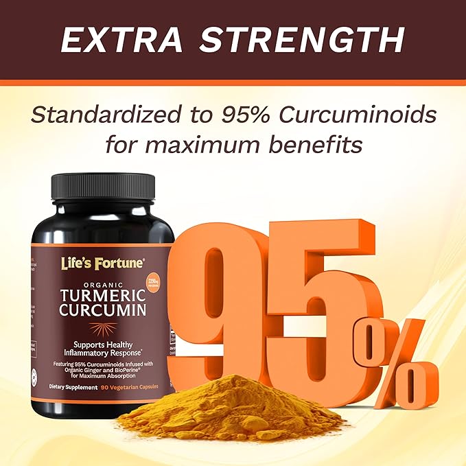 Life's Fortune Organic Turmeric Curcumin with Black Pepper and Ginger, Enhanced Absorption, Extra Strength Supplement, Joint & Immune Support, Non-GMO, 90 Cap - 2250mg